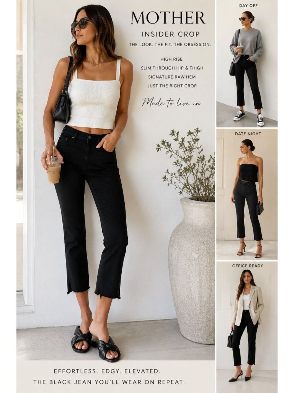 Cool Girl MOTHER Insider Crop 28 Black Jeans High Rise Raw Hem Ankle Bootcut